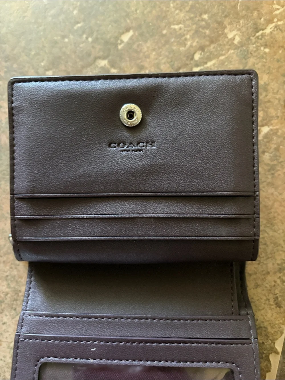 Coach Silver Pebble Leather Compact Wallet with Gold Logo
